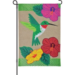 12 In. Burlap Flag - Hummingbird Hibiscus